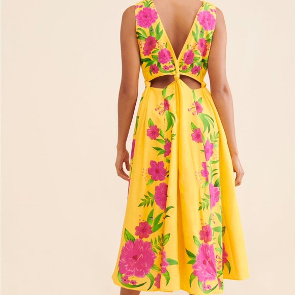 Farm Rio Romantic Garden Yellow Pink Plunge Midi Dress Size M - Picture 2 of 16